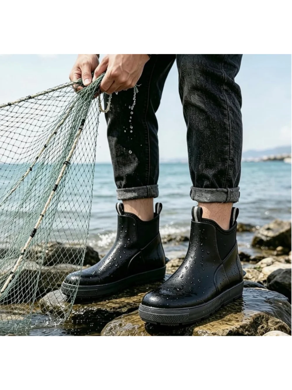 NEW Men's Black Deck Waterproof Ankle Rain Boots Anti-Slip Traction Rubber 9.5